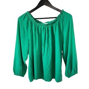 Loft‎ Kelly Green Ruffled Boatneck 3/4 Sleeve Flowy Boho Blouse